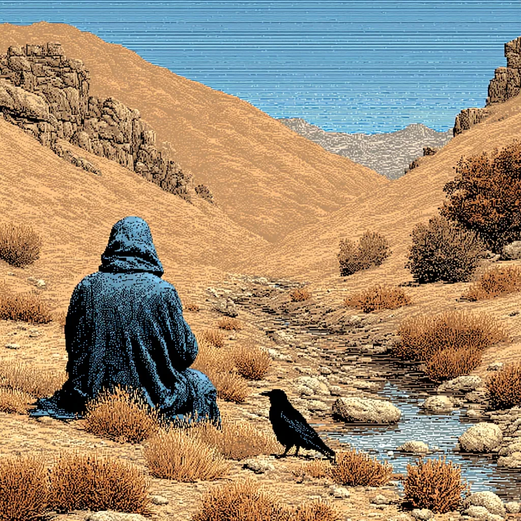 Ancient Elijah by the brook with raven