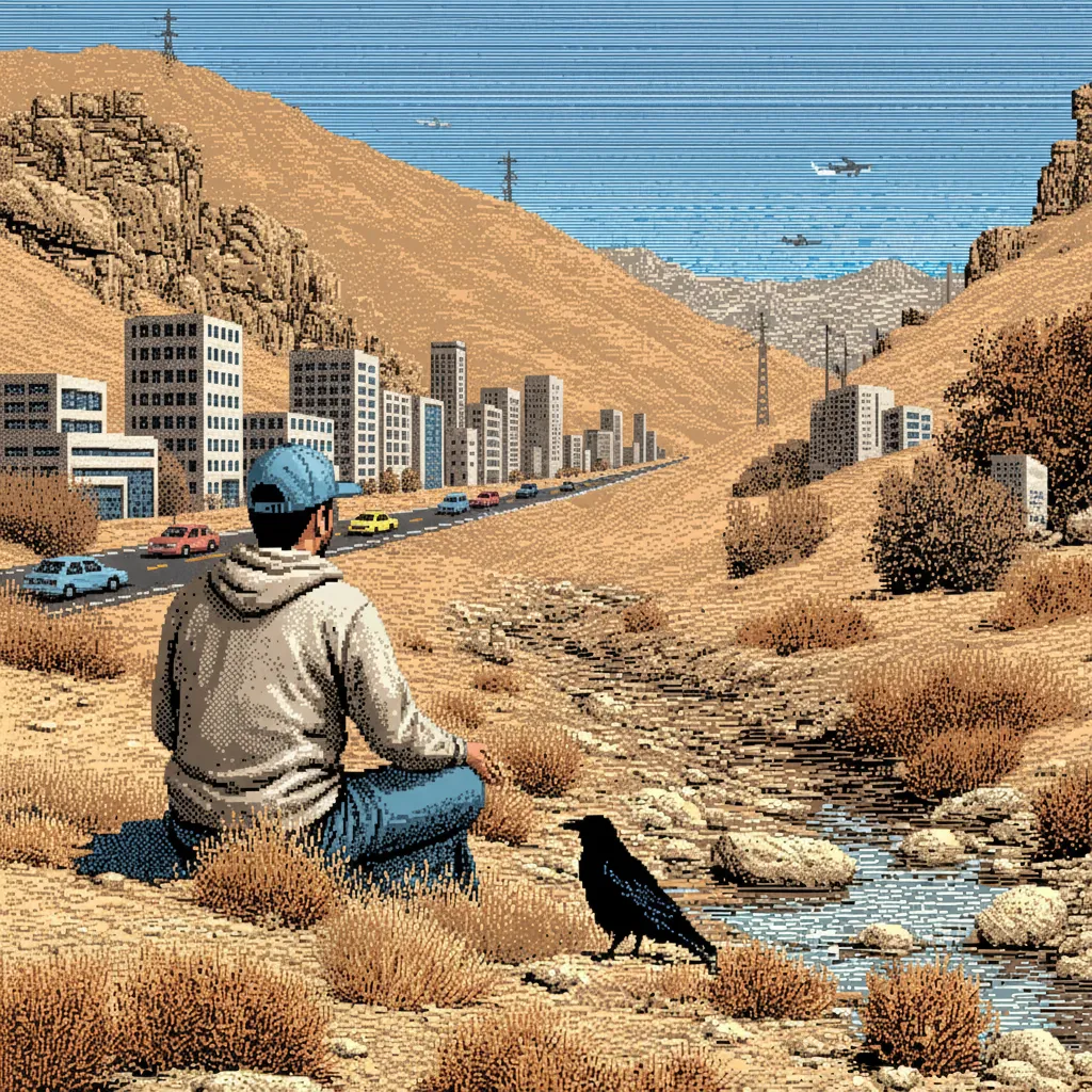 Modern Elijah by the brook with raven